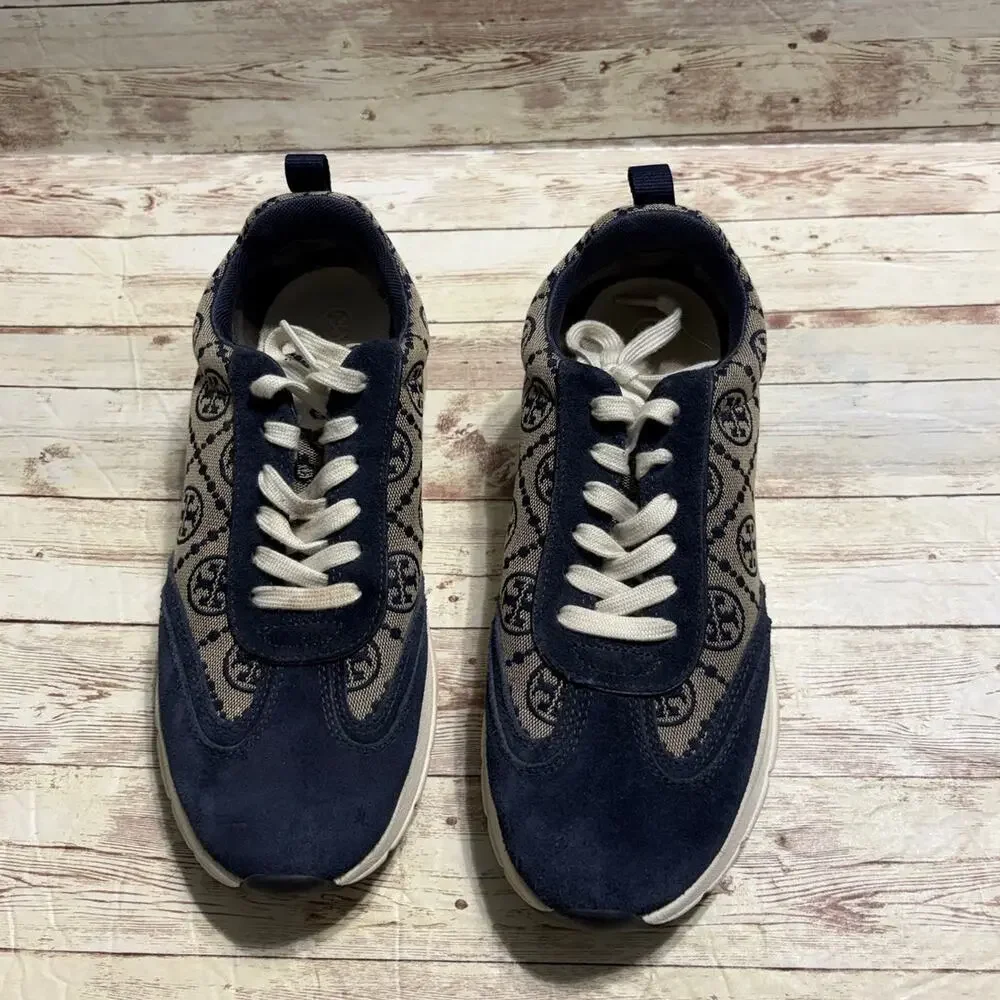 Tory Burch T Monogram Good Luck Trainer Sneakers Women's 9.5 Navy Gray Chunky